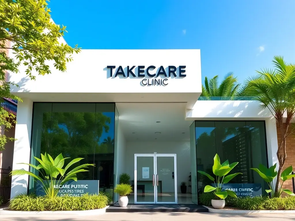 A modern and clean clinic exterior in Patong, Phuket, with the TAKECARE CLINIC logo prominently displayed.