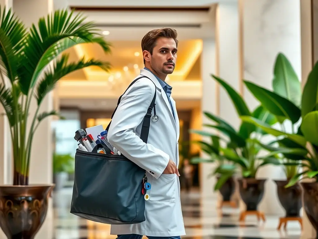 A modern medical professional arriving at a hotel for a call visit, equipped with necessary medical tools.