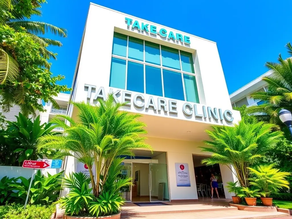 A modern clinic exterior in Patong, Phuket, with clear signage for TAKECARE CLINIC and a welcoming entrance.