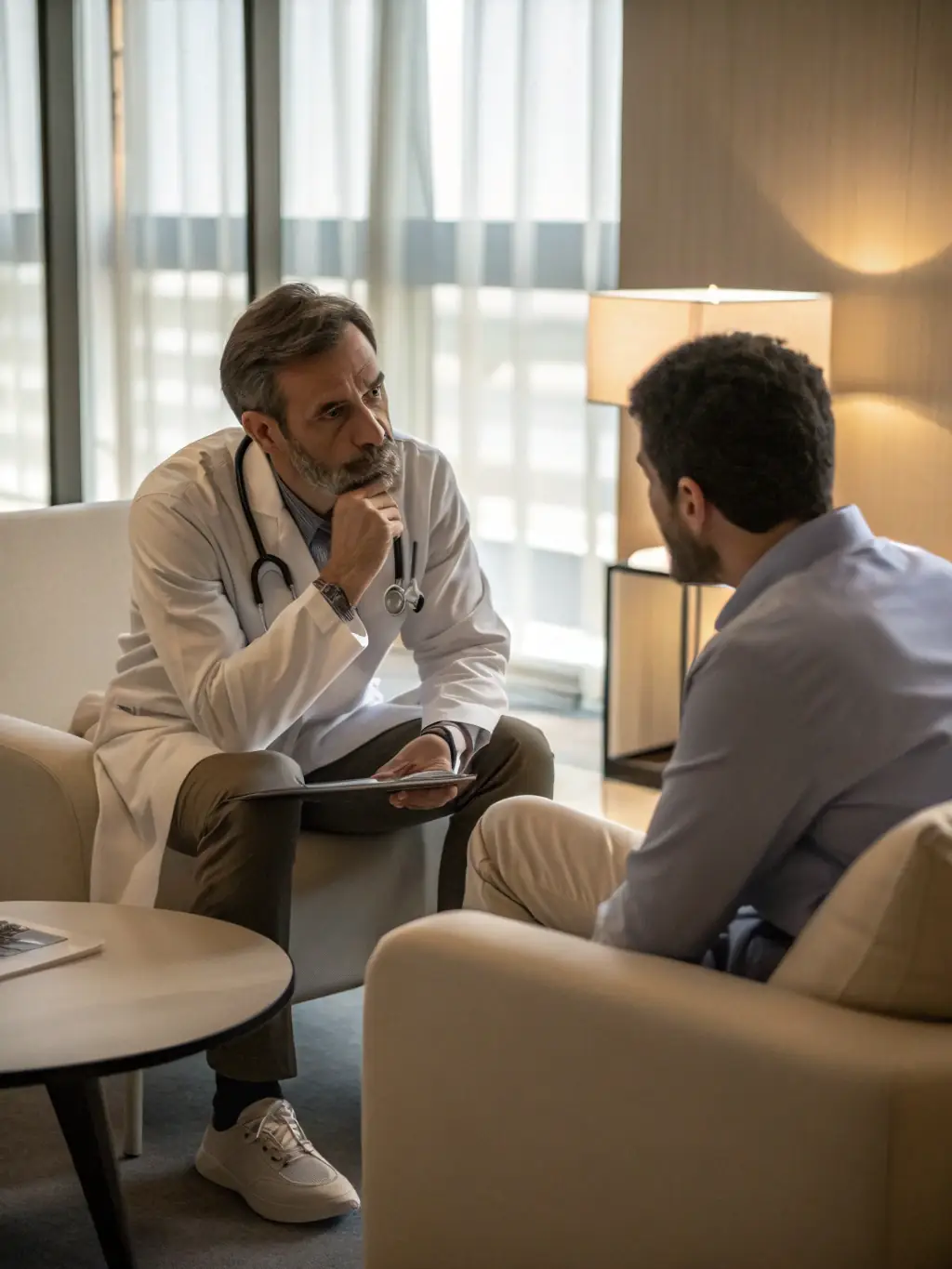 A doctor conducting a consultation in a hotel room, providing convenient healthcare services to a tourist.