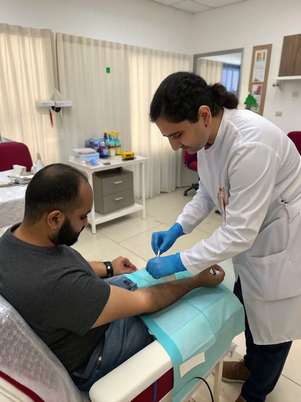 A nurse drawing blood from a patient's arm for a blood test as part of a general health screening at TAKECARE CLINIC, showcasing the clinic's diagnostic capabilities.