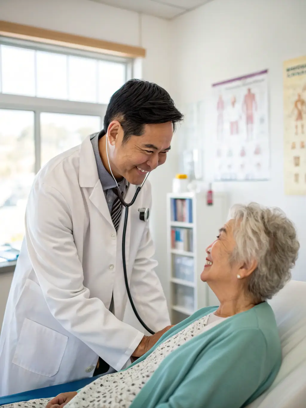 A friendly doctor in TAKECARE CLINIC examining a patient with a stethoscope, showcasing the clinic's general medical services.