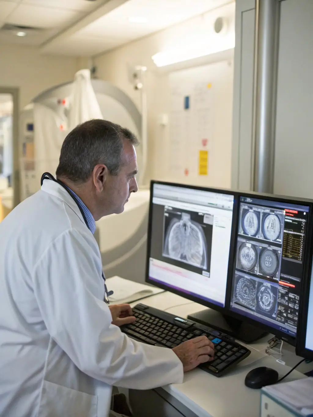 A doctor reviewing an X-ray image with a patient, explaining the findings and discussing potential treatment options at TAKECARE CLINIC.