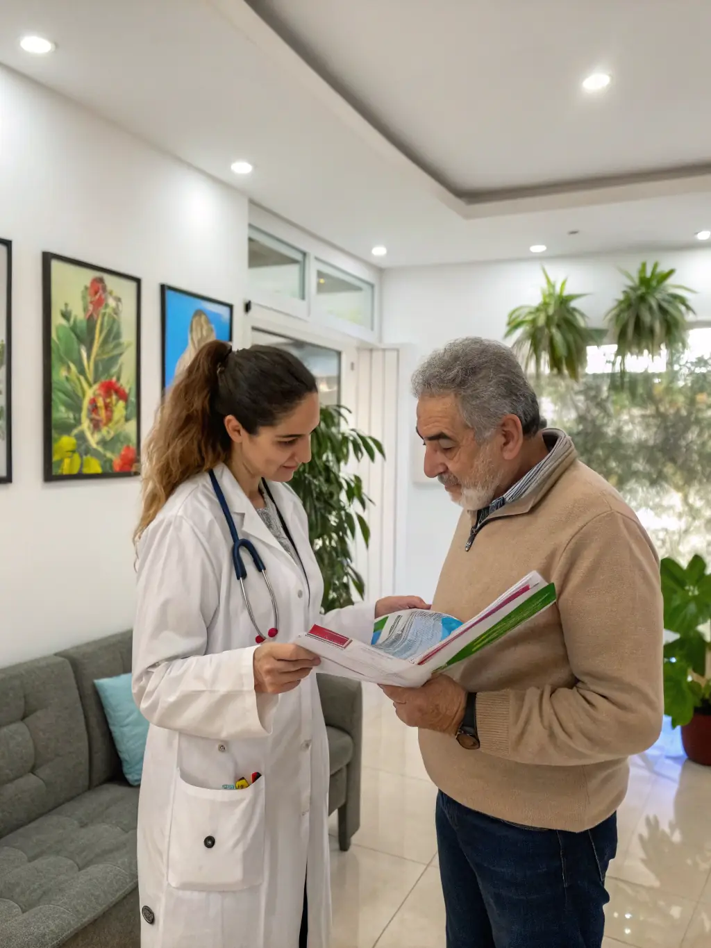 A doctor discussing lifestyle and wellness tips with a patient during a general check-up at TAKECARE CLINIC, promoting preventive care and healthy living.