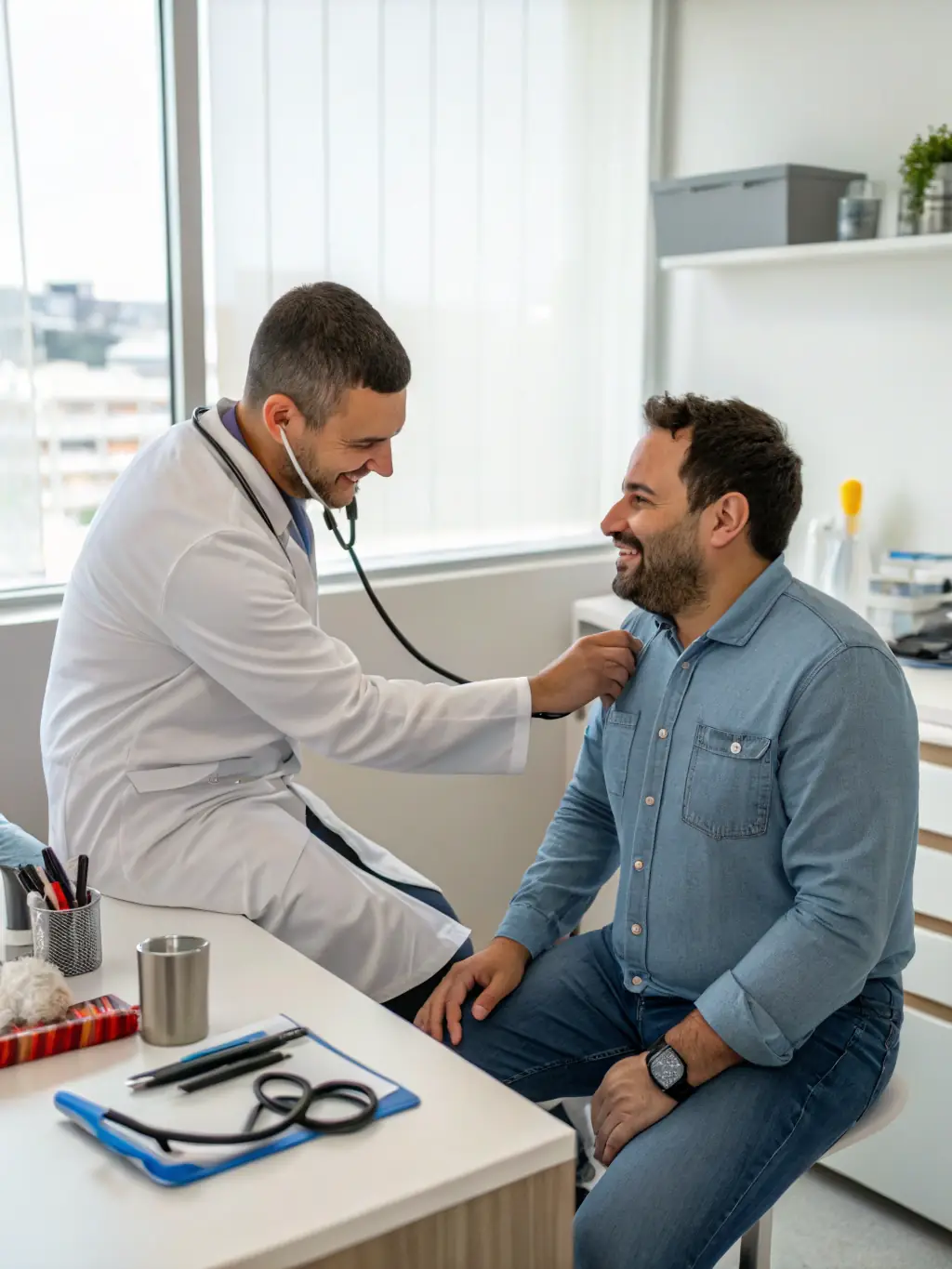 A doctor using a stethoscope to listen to a patient's heart during a routine check-up at TAKECARE CLINIC in Phuket, emphasizing the thoroughness of the examination.